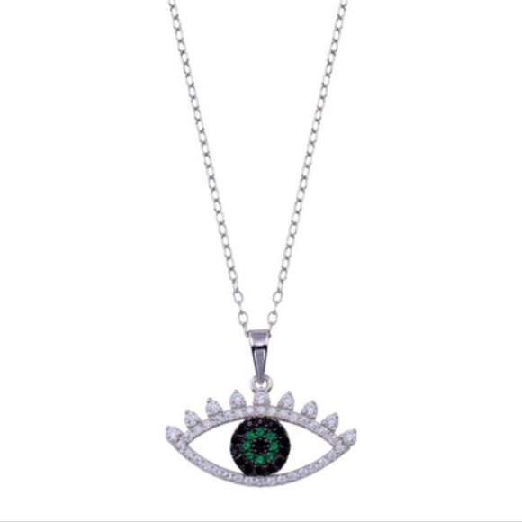 Rhodium Plated 925 Sterling Silver Clear Green CZ Evil Eye Necklace